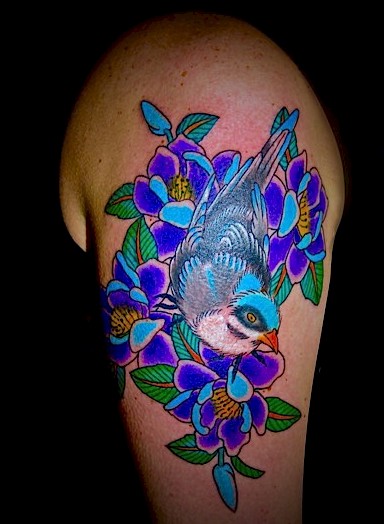 Calypso-Tattoo - Gallery - bird tattoo and flower on top of arm