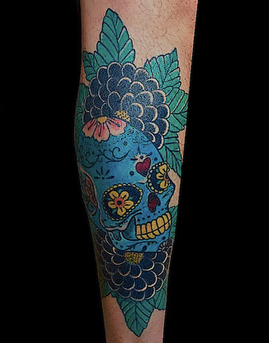 Calypso-Tattoo - Gallery - day of the dead skull, tattoo on leg