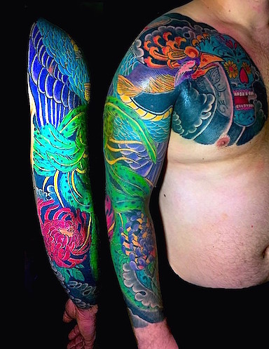 Calypso-Tattoo - Gallery - phoenix chest and sleeve tattoo