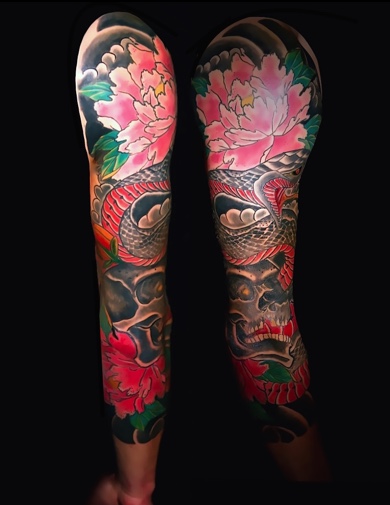 Calypso-Tattoo - Gallery - japanese tattoo, full sleeve snake skull and flower