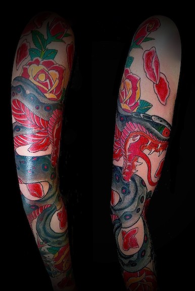 Calypso-Tattoo -Gallery - Japanese sleeve Tattoo, snake and roses