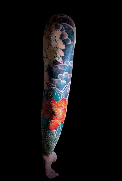 Calypso-Tattoo - Work in progress - Full sleeve, Japanese peonies and rocks